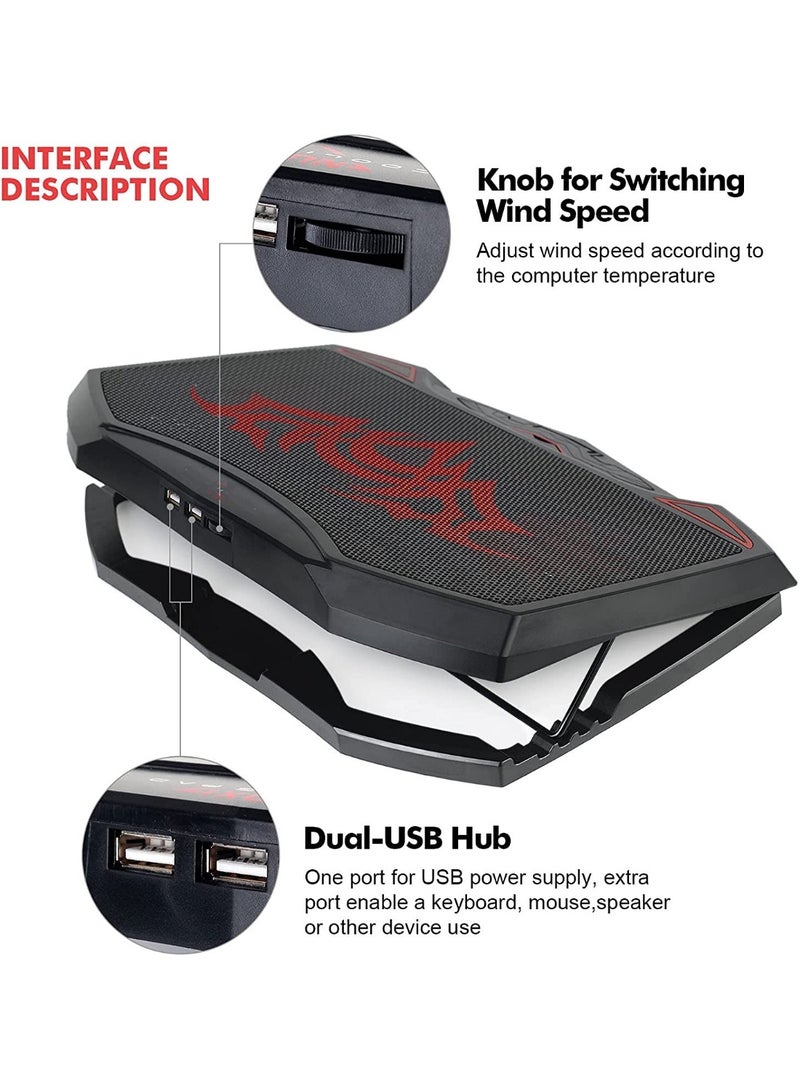 Gaming Laptop Cooling Pad Stand - 3 x Red Led Fans – 2 USB Ports - Support Notebook Size UP 15.6 Inch | Black - Image 2